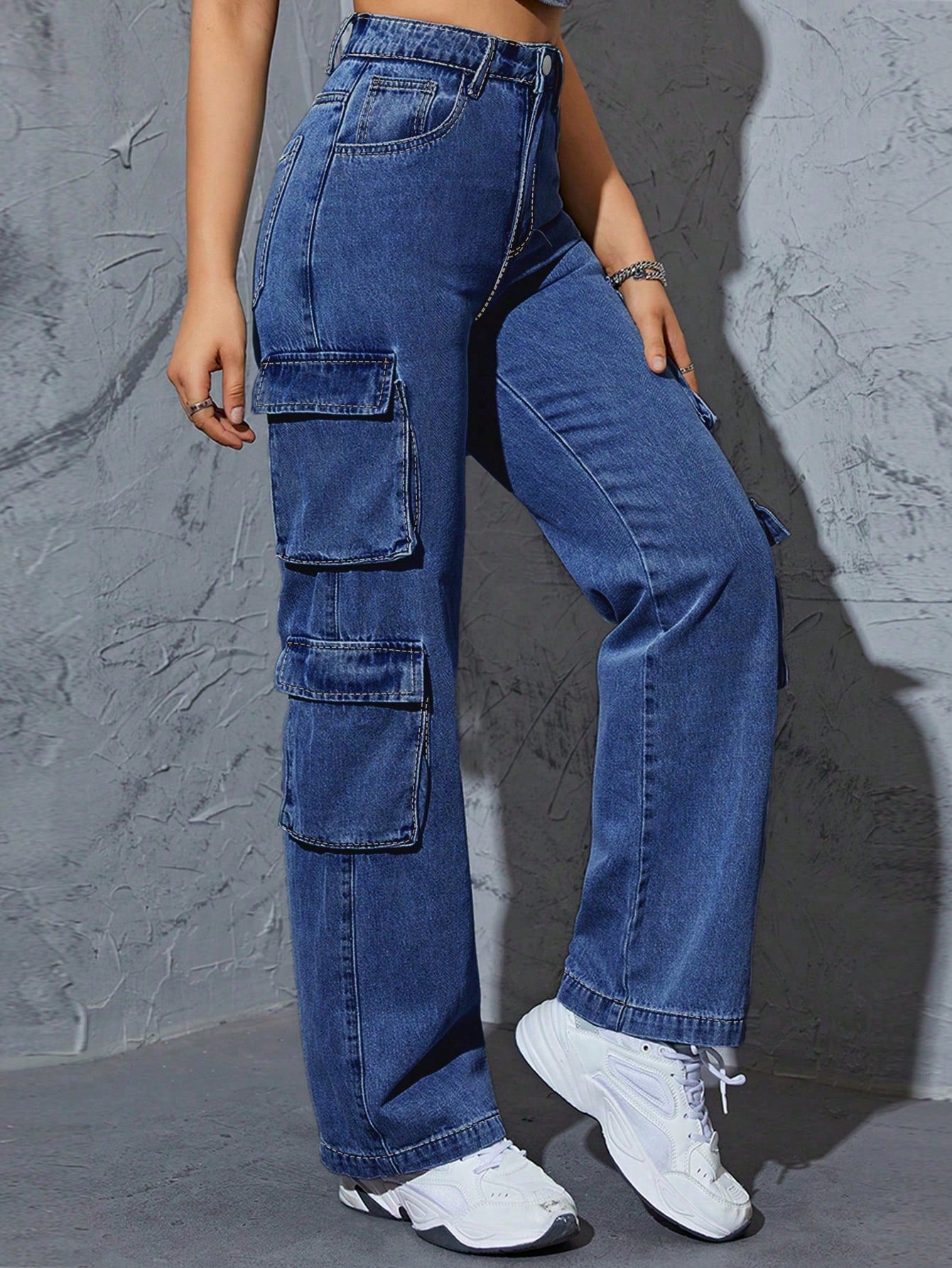 High-Waist Dark Blue Straight-Leg Cargo Denim Jeans for Women
