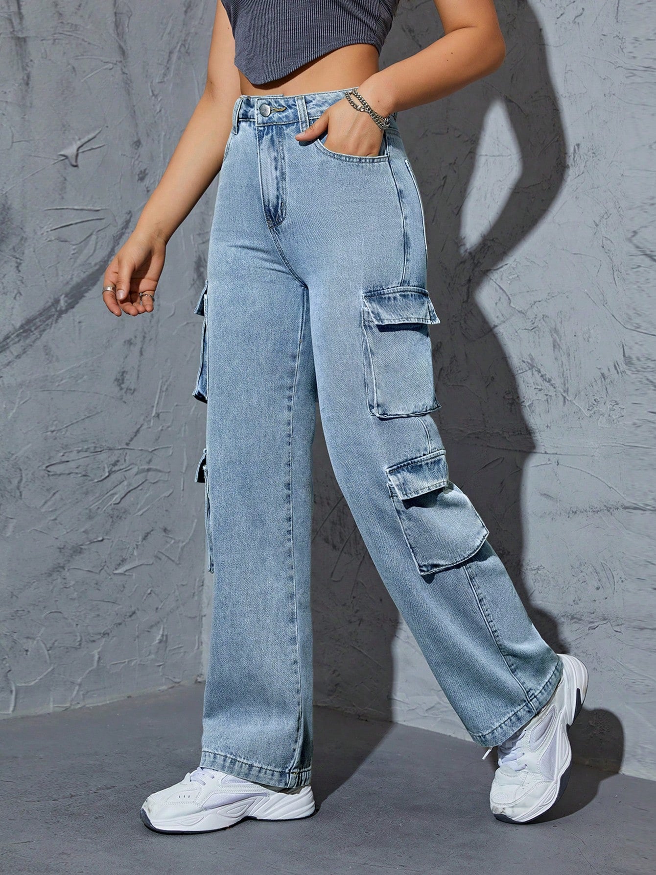 High-Waist Light Blue Straight-Leg Cargo Denim Jeans for Women