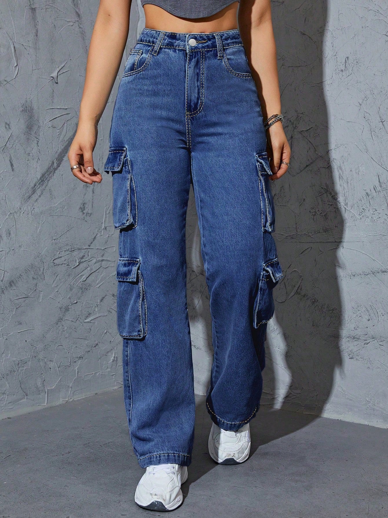 High-Waist Dark Blue Straight-Leg Cargo Denim Jeans for Women