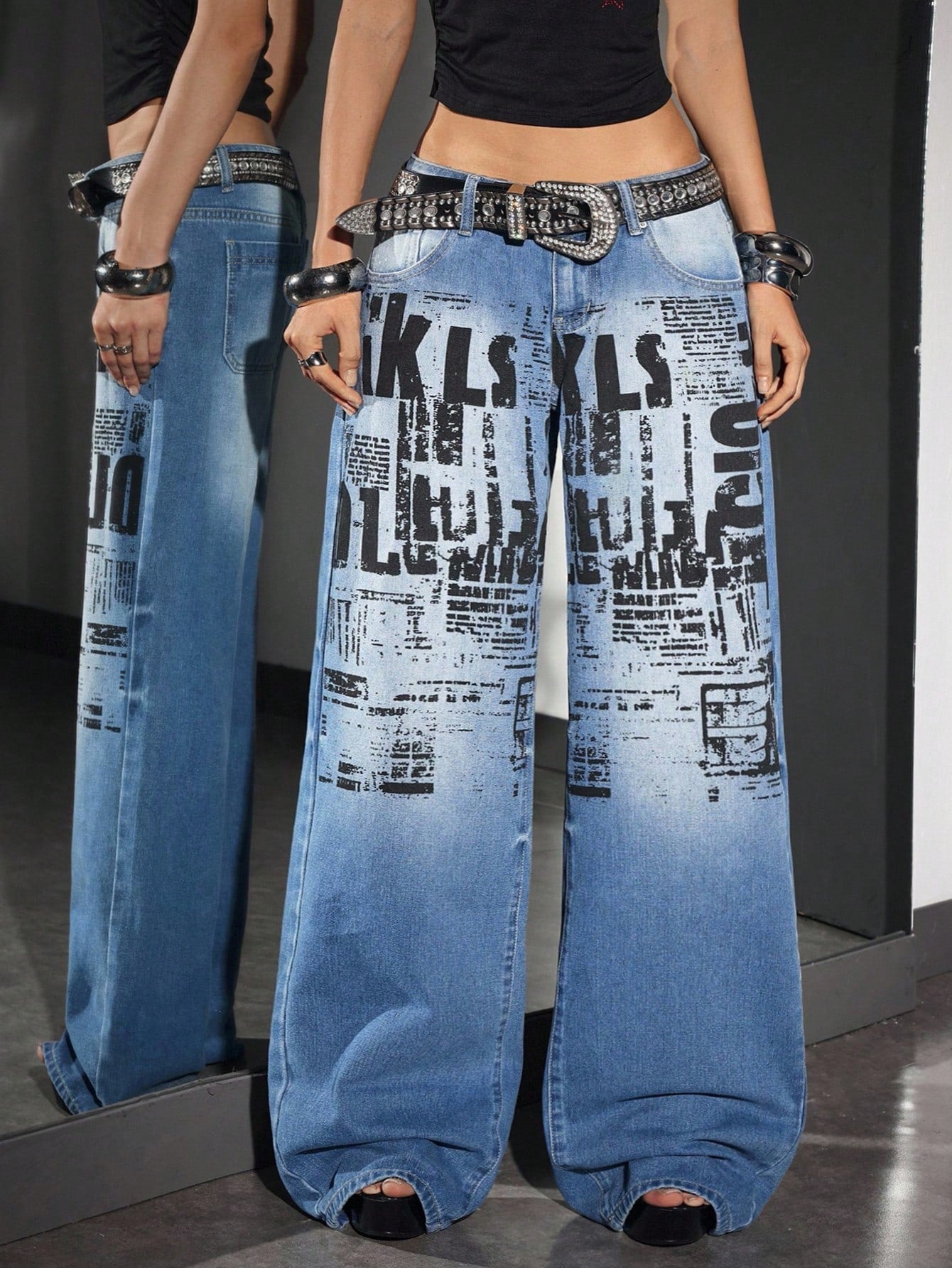 Newspaper Print High-Waist Wide-Leg Jeans for Women – Street Style Edition