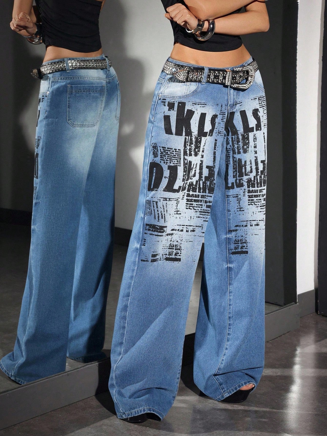 Newspaper Print High-Waist Wide-Leg Jeans for Women – Street Style Edition