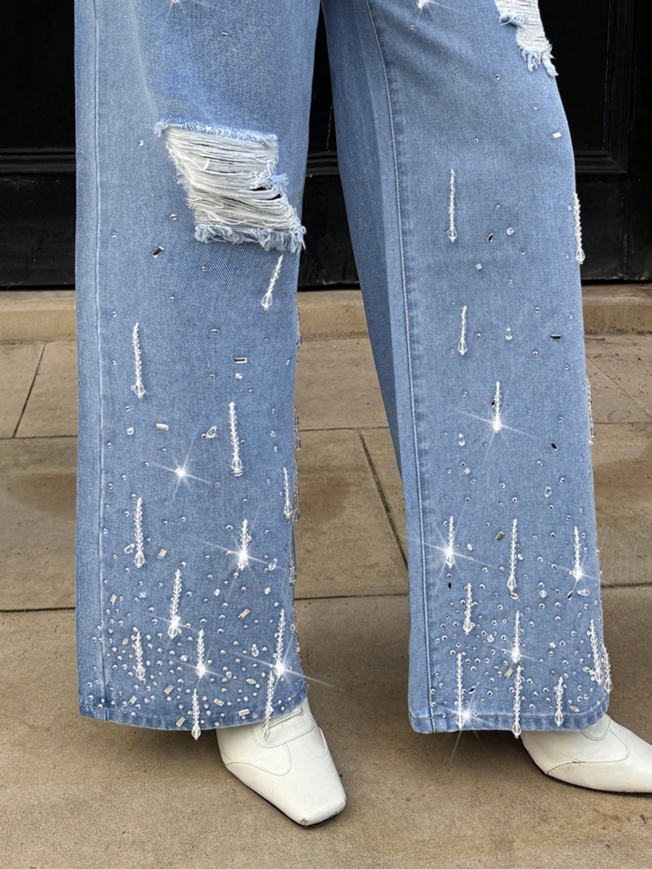 High-Waist Distressed Rhinestone Embellished Wide-Leg Jeans for Women