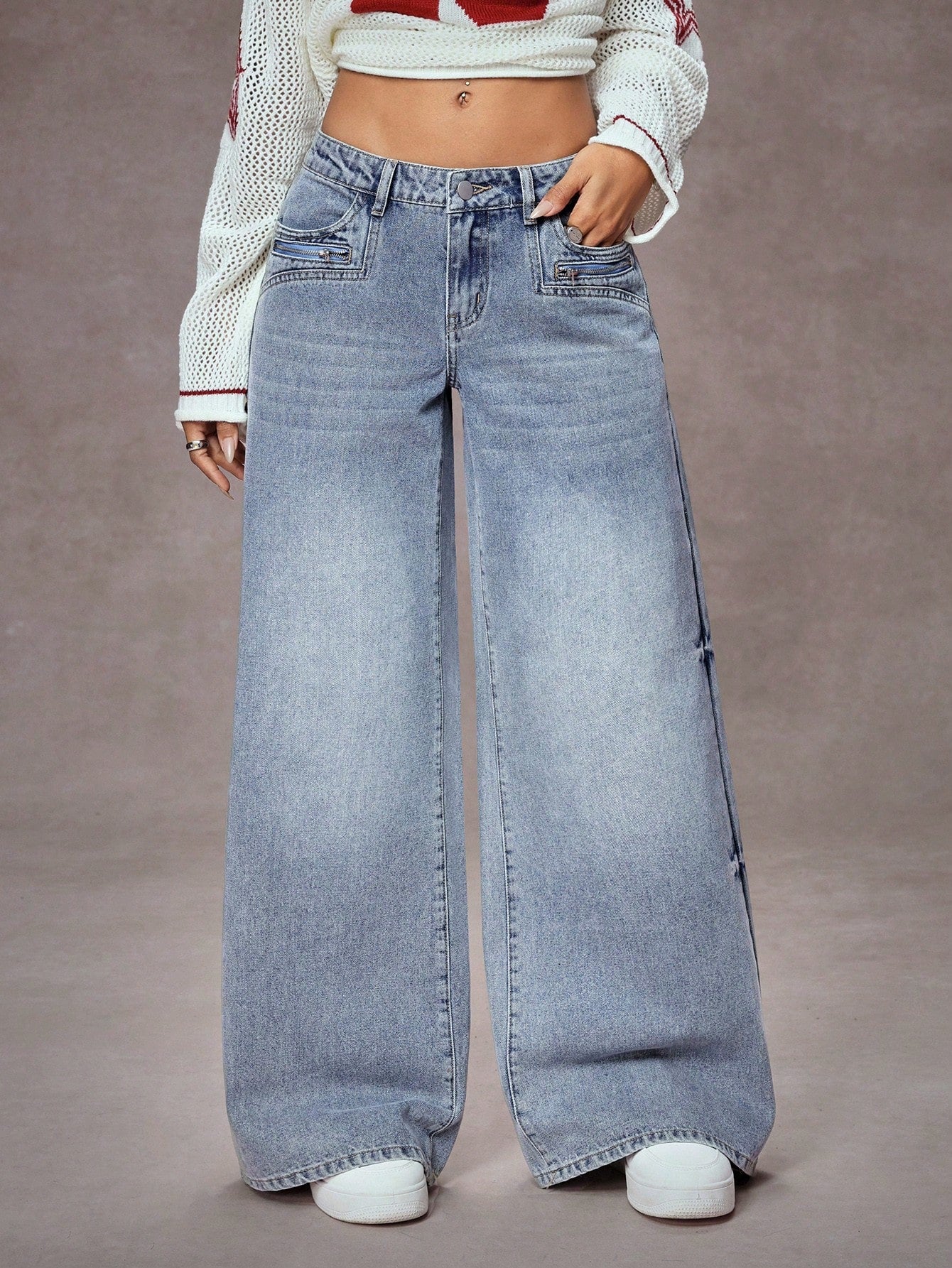 High-Waist Retro Zip Detail Extra Wide-Leg Jeans for Women