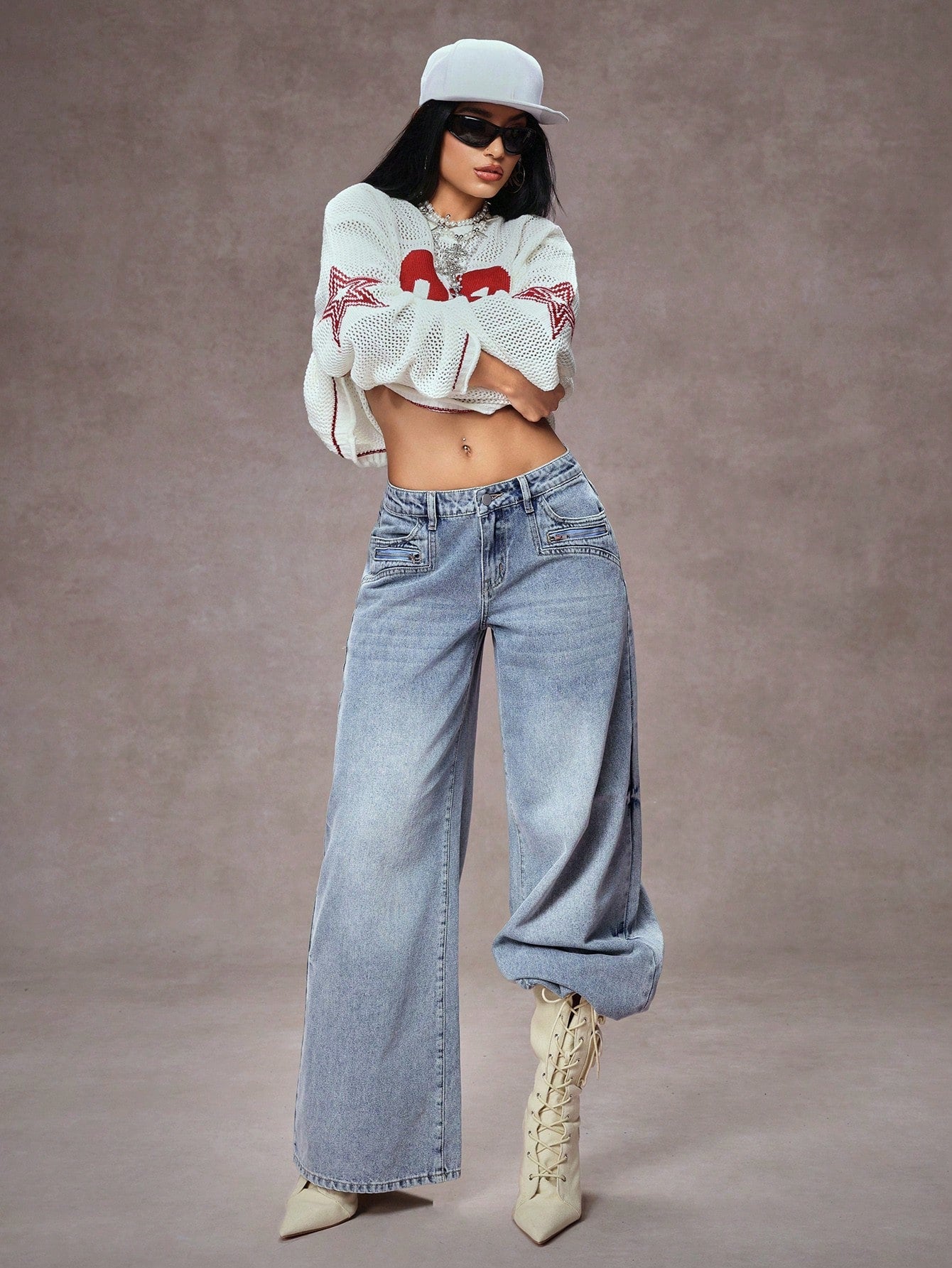 High-Waist Retro Zip Detail Extra Wide-Leg Jeans for Women