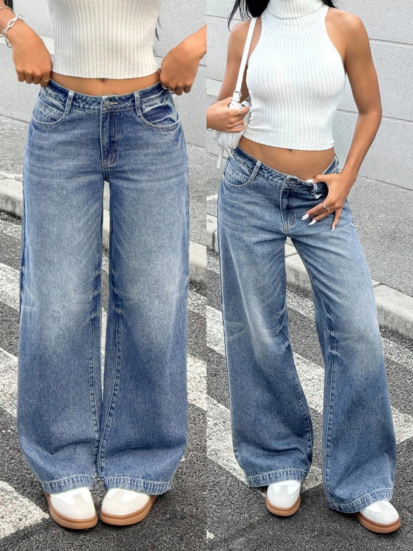High-Waist Vintage Wash Wide-Leg Loose Fit Denim Jeans for Women
