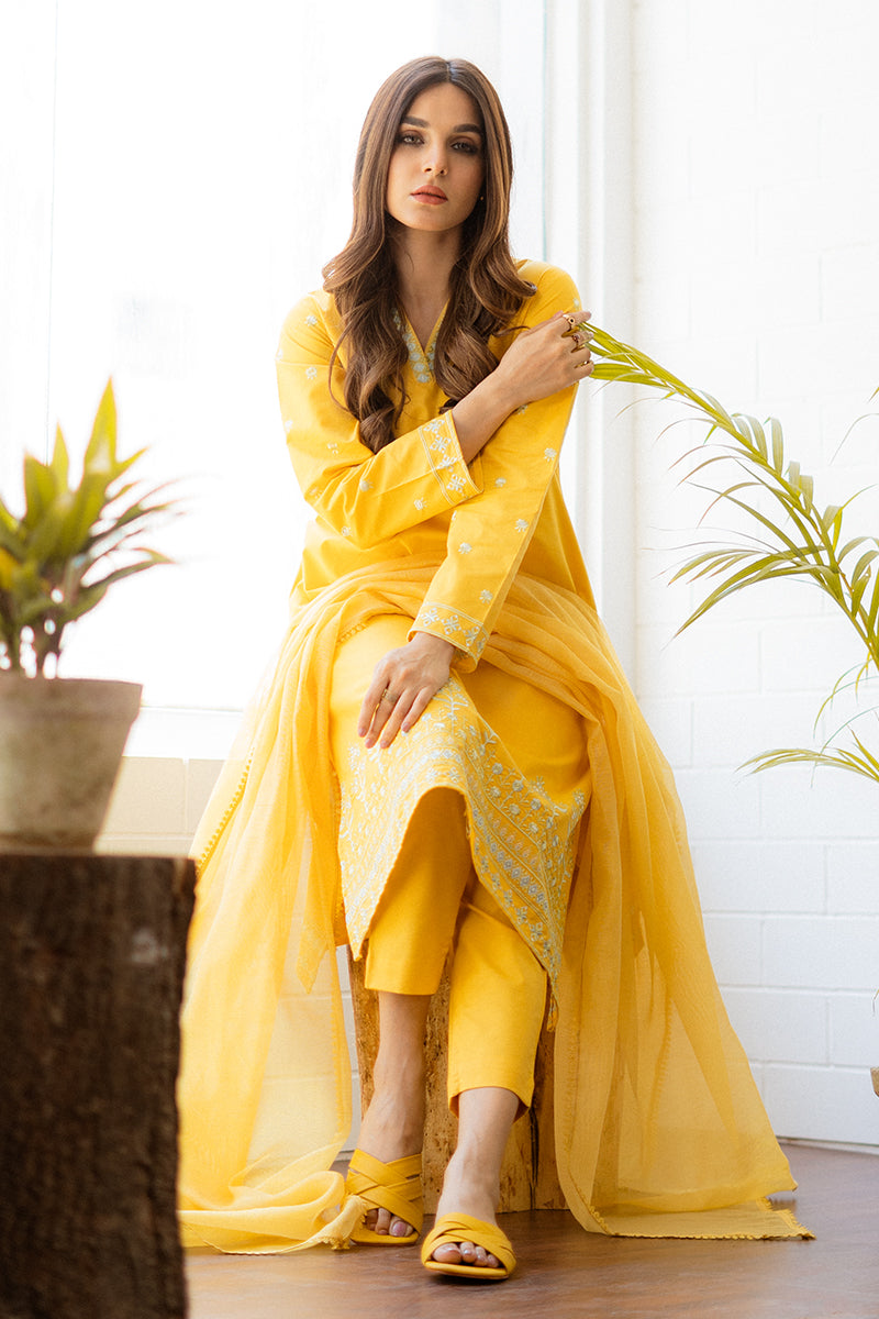 Mustard Yellow Embroidered Kurta Set with Matching Pants & Dupatta – Festive Elegance
