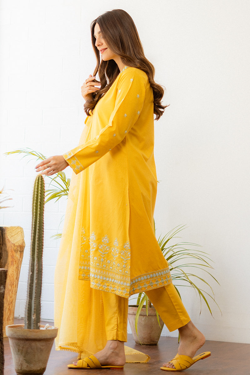 Mustard Yellow Embroidered Kurta Set with Matching Pants & Dupatta – Festive Elegance