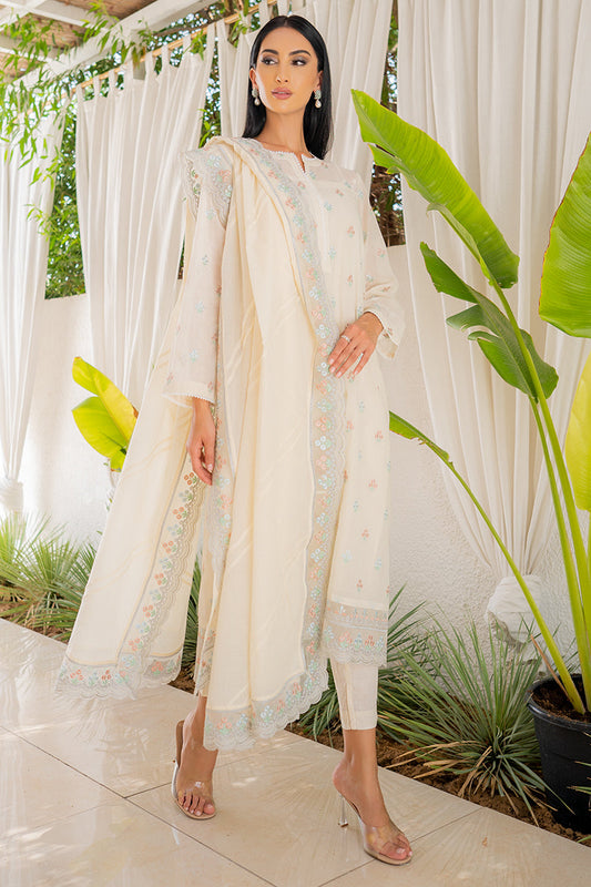 Elegant Ivory Cream Embroidered Kurta Set with Pastel Floral Dupatta