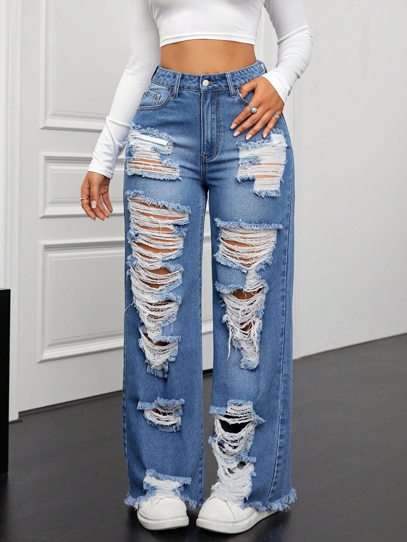 High-Waist Extreme Distressed Ripped Straight-Leg Jeans for Women