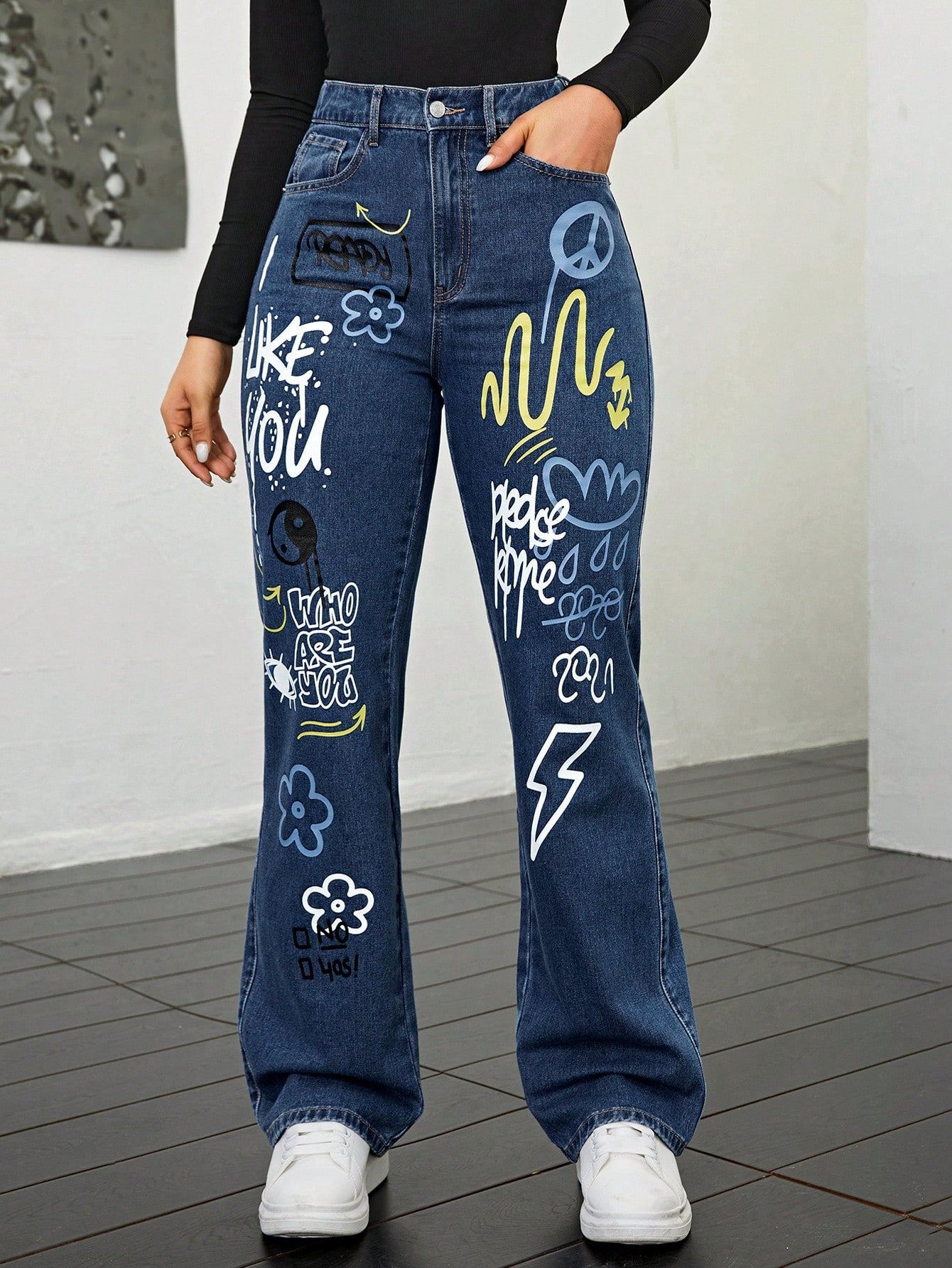 High-Rise Dark Blue Graffiti Printed Wide-Leg Jeans for Women