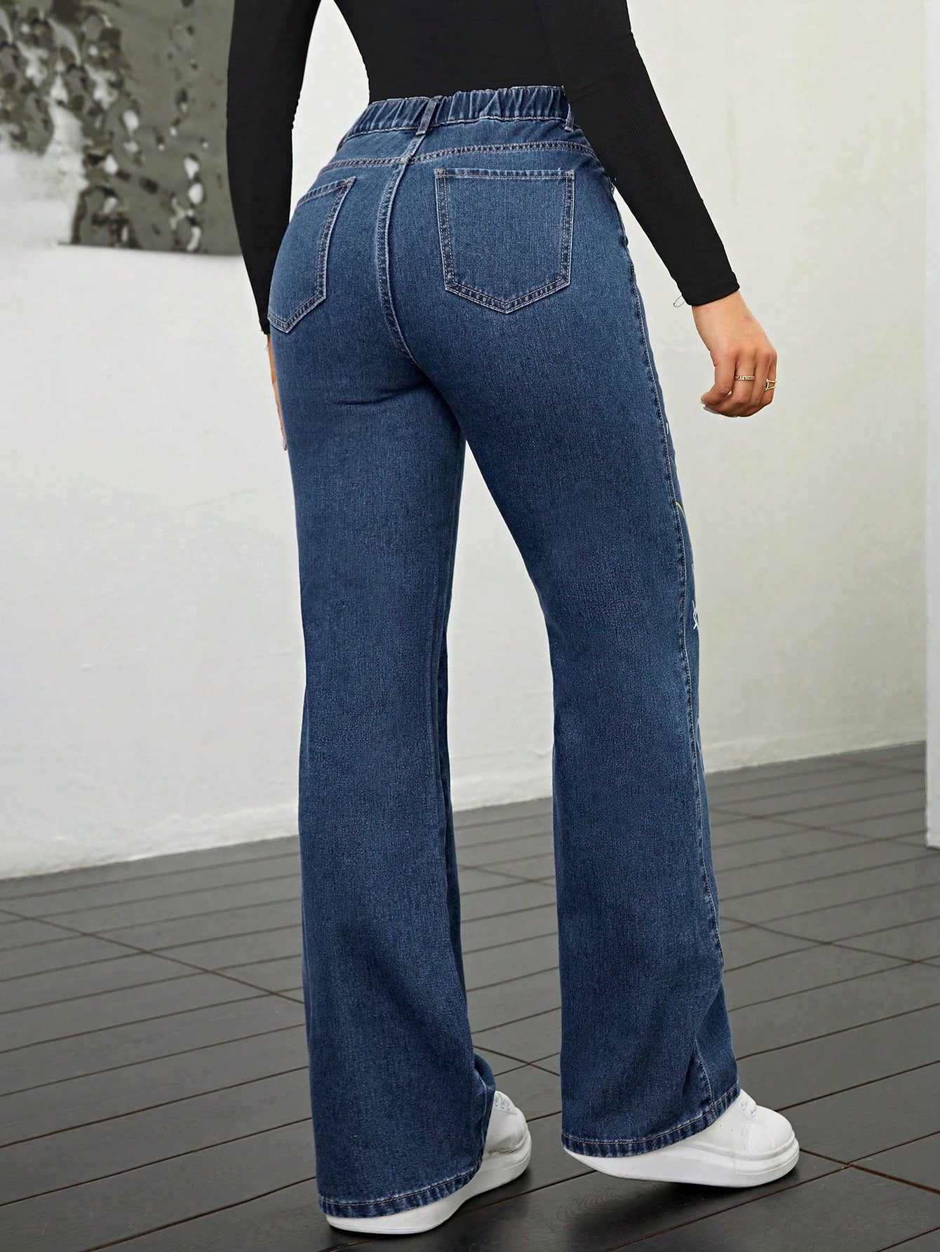 High-Rise Dark Blue Graffiti Printed Wide-Leg Jeans for Women