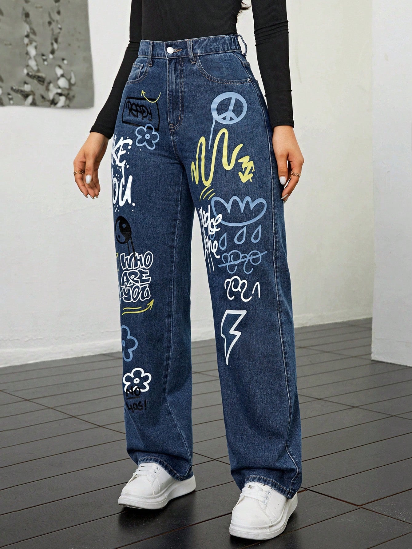 High-Rise Dark Blue Graffiti Printed Wide-Leg Jeans for Women