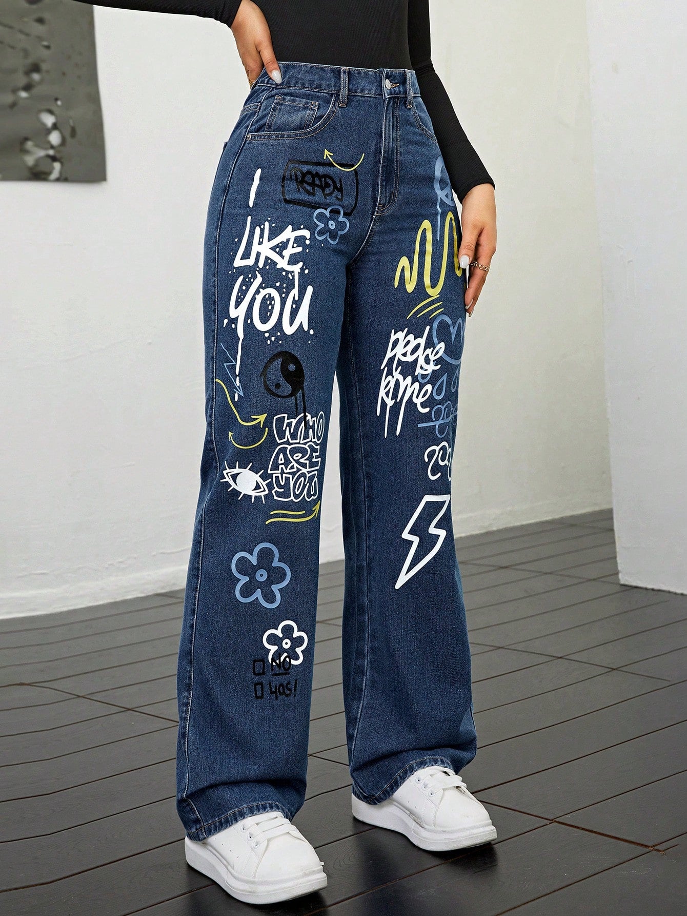 High-Rise Dark Blue Graffiti Printed Wide-Leg Jeans for Women