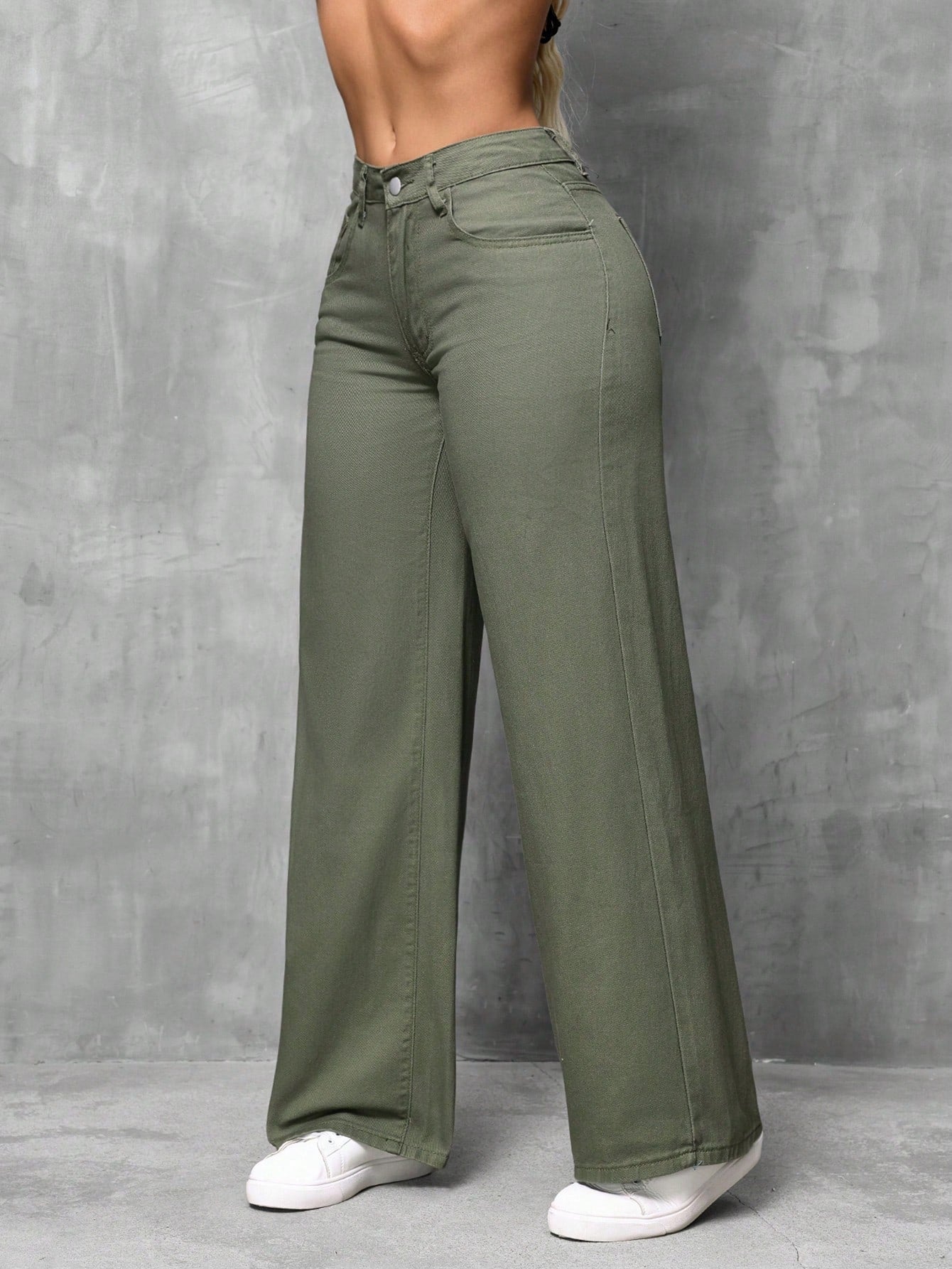 High-Waist Olive Green Wide-Leg Casual Denim Pants for Women