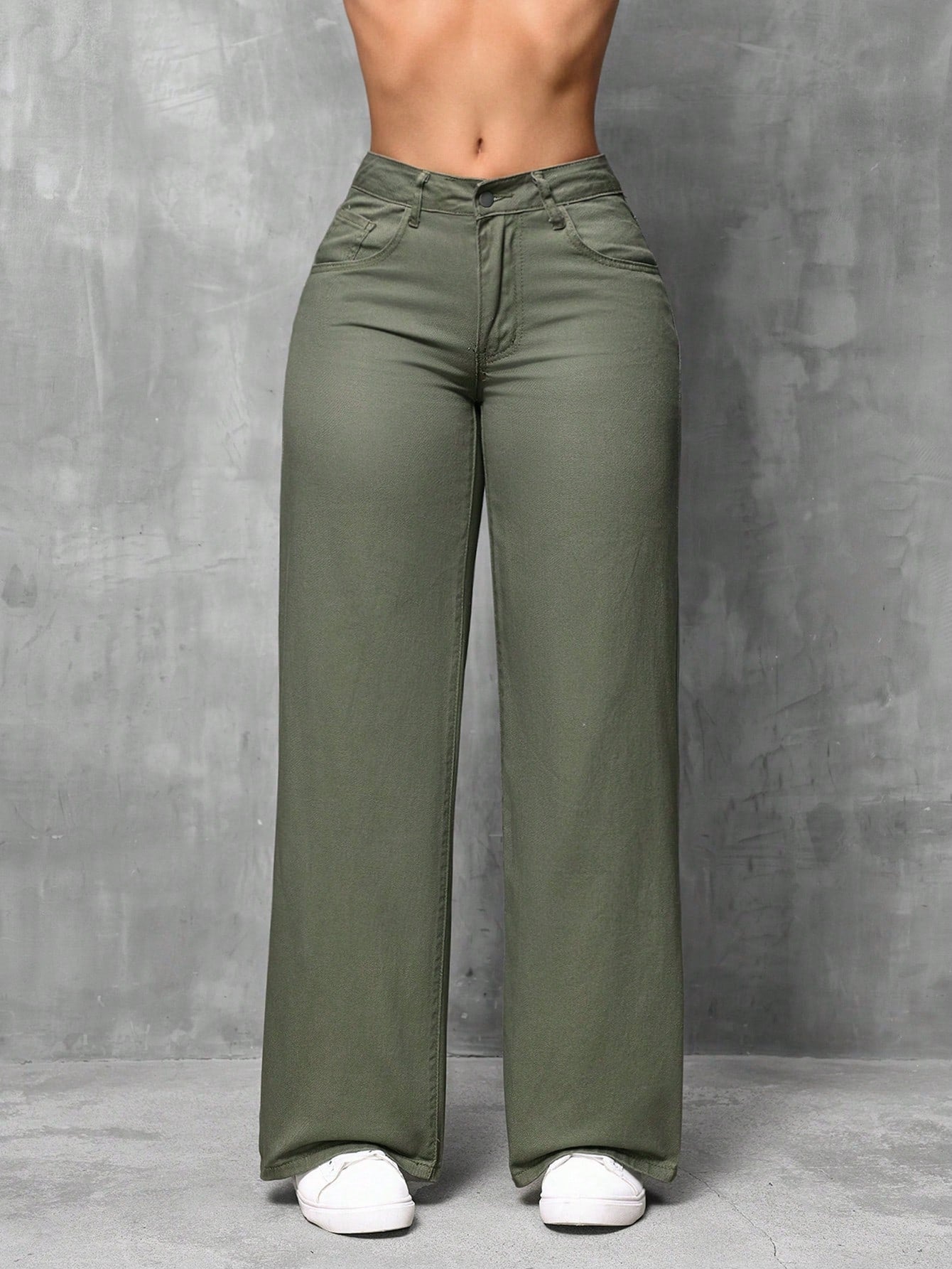High-Waist Olive Green Wide-Leg Casual Denim Pants for Women