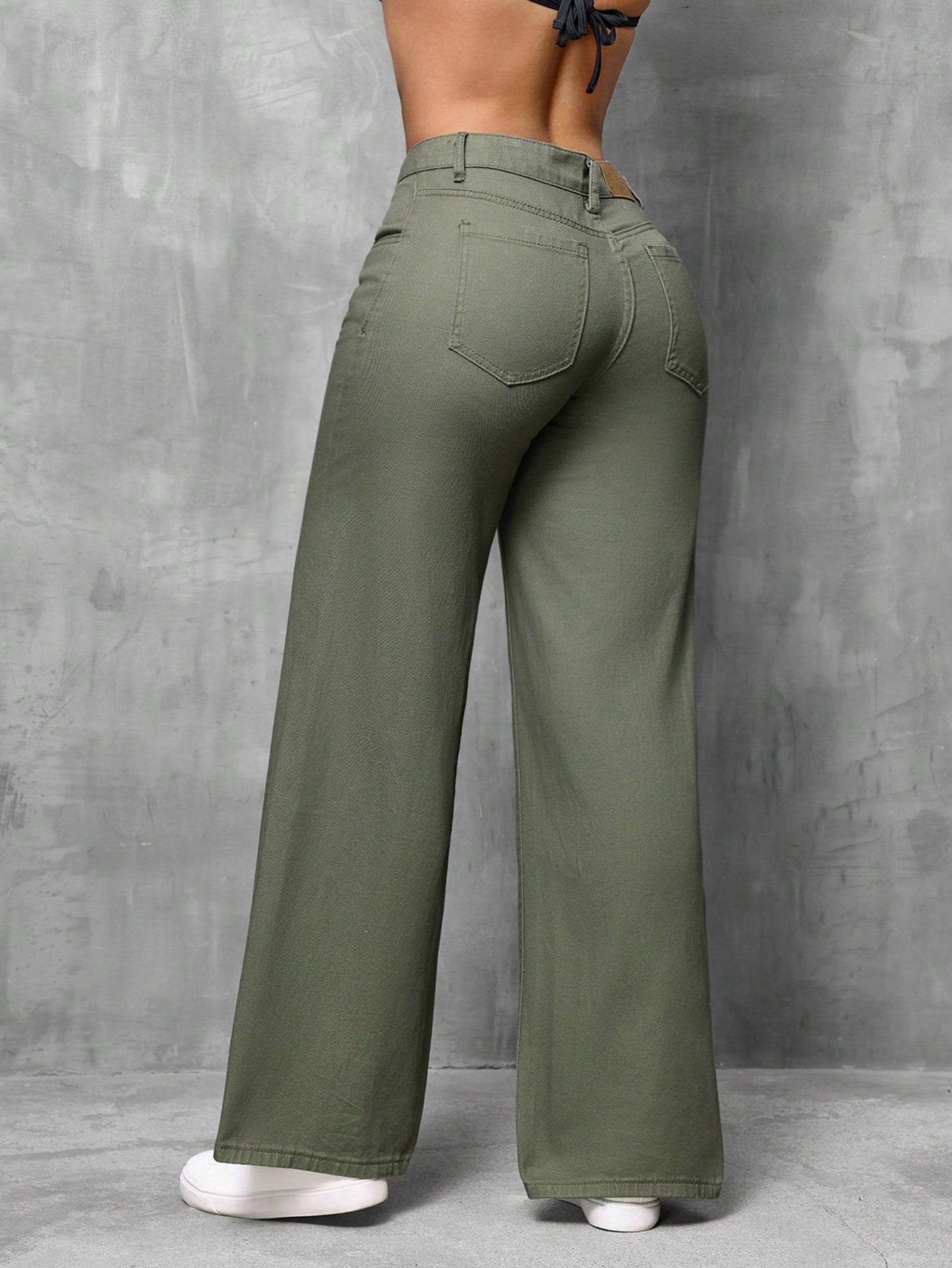 High-Waist Olive Green Wide-Leg Casual Denim Pants for Women