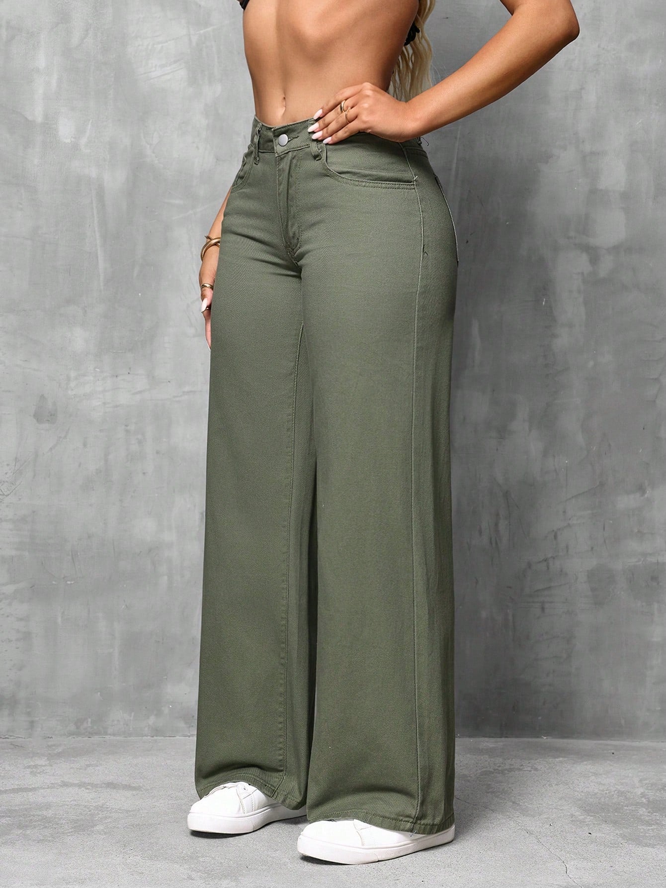 High-Waist Olive Green Wide-Leg Casual Denim Pants for Women
