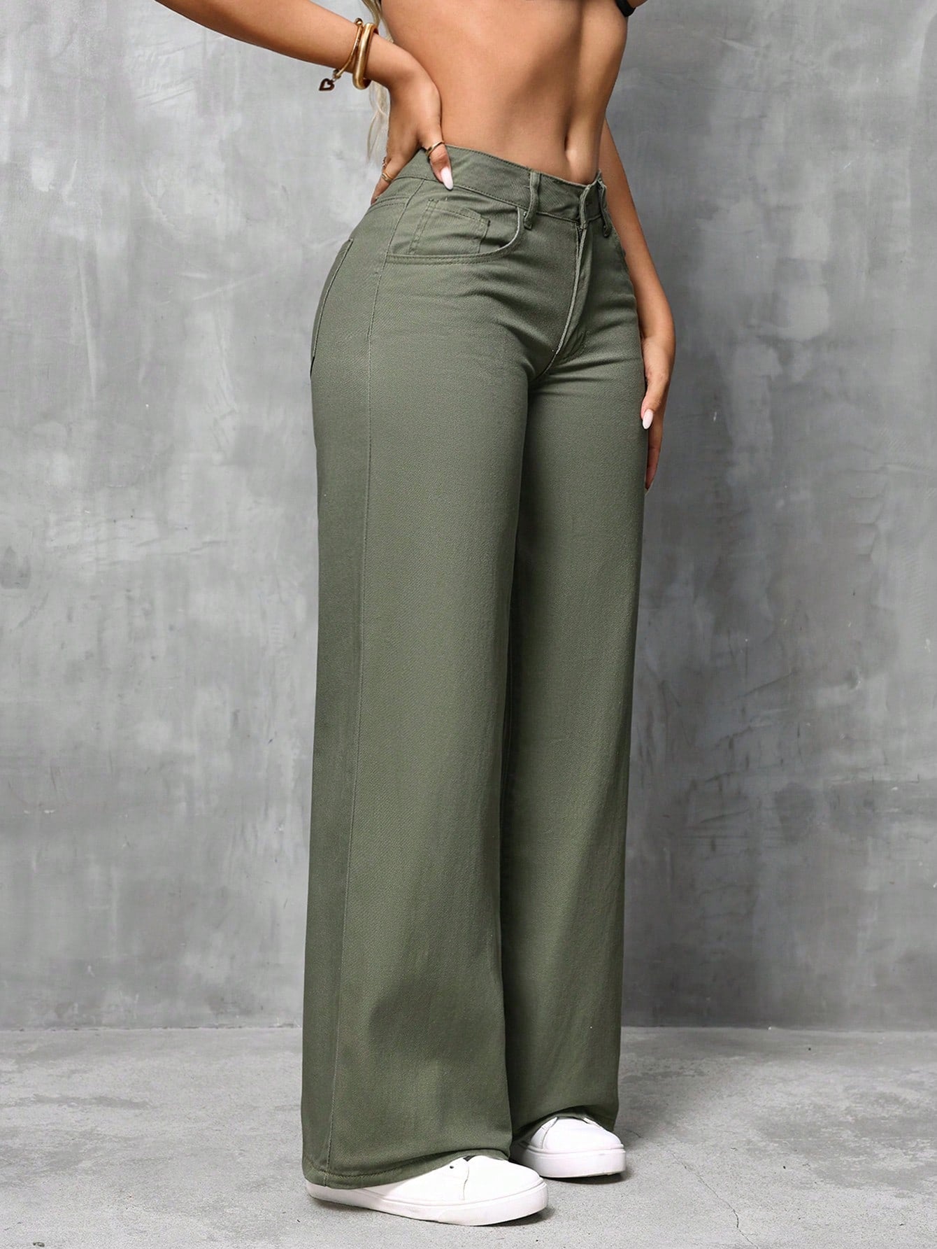 High-Waist Olive Green Wide-Leg Casual Denim Pants for Women