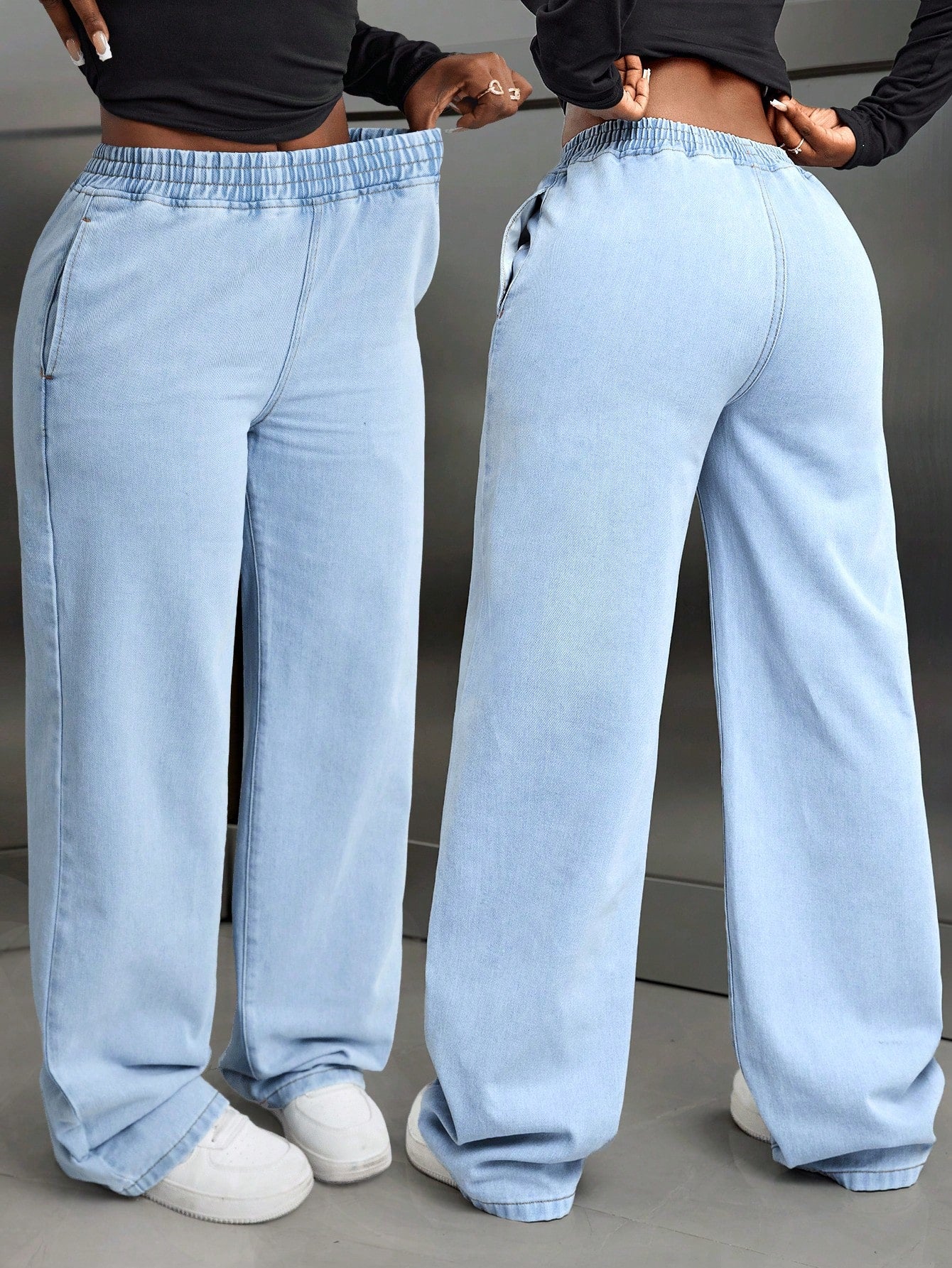 High-Waist Light Blue Elastic Waist Wide-Leg Relaxed Fit Denim Pants for Women