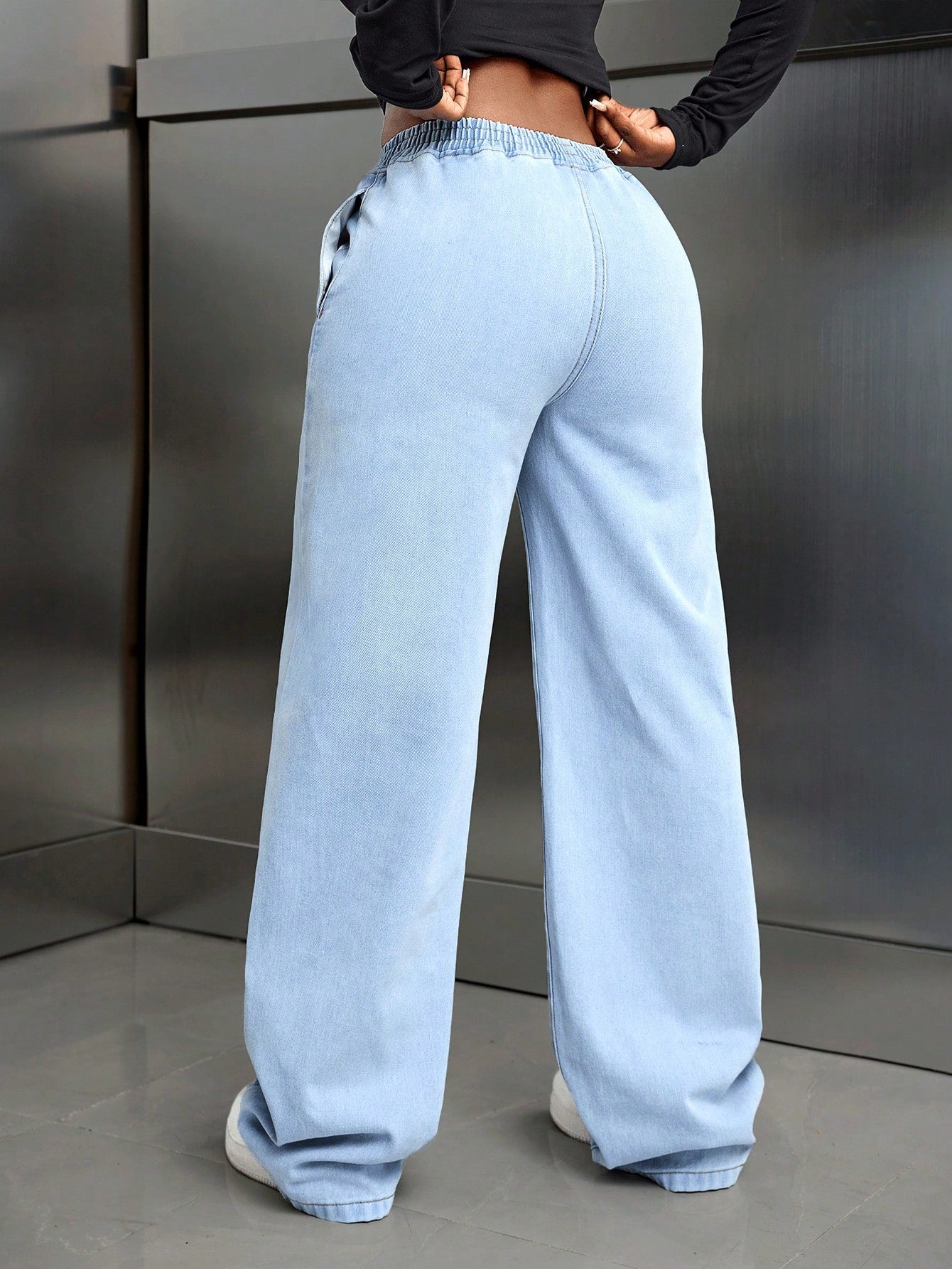 High-Waist Light Blue Elastic Waist Wide-Leg Relaxed Fit Denim Pants for Women