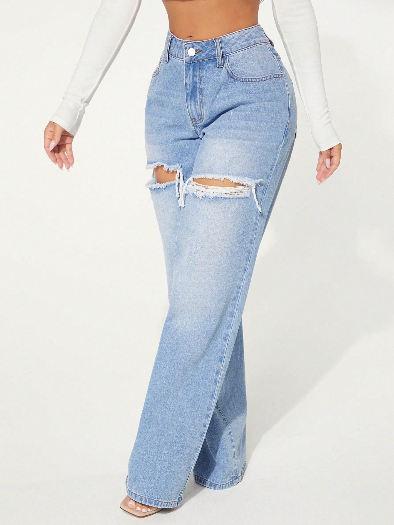 High-Waist Light Blue Distressed Wide-Leg Jeans for Women