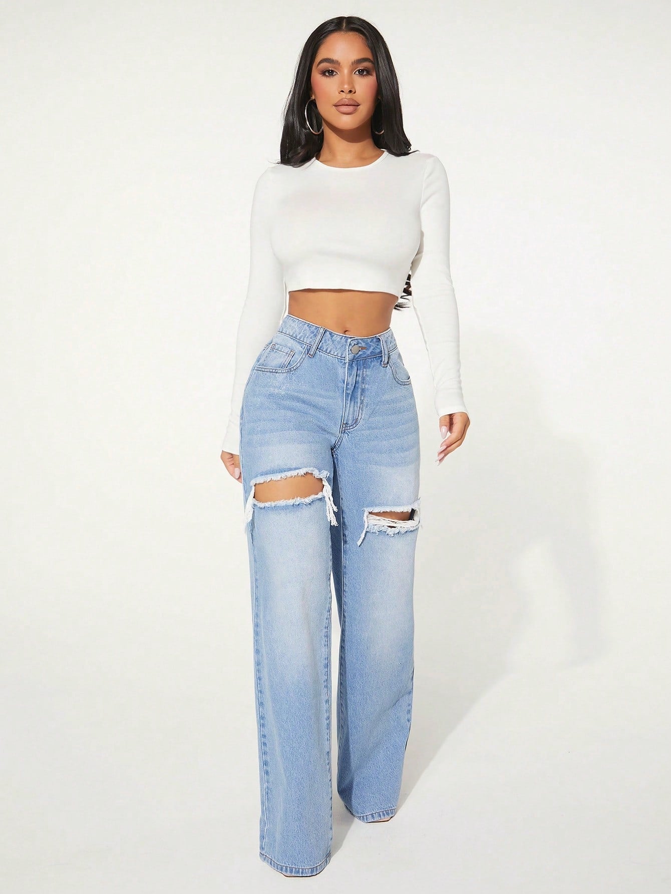 High-Waist Light Blue Distressed Wide-Leg Jeans for Women