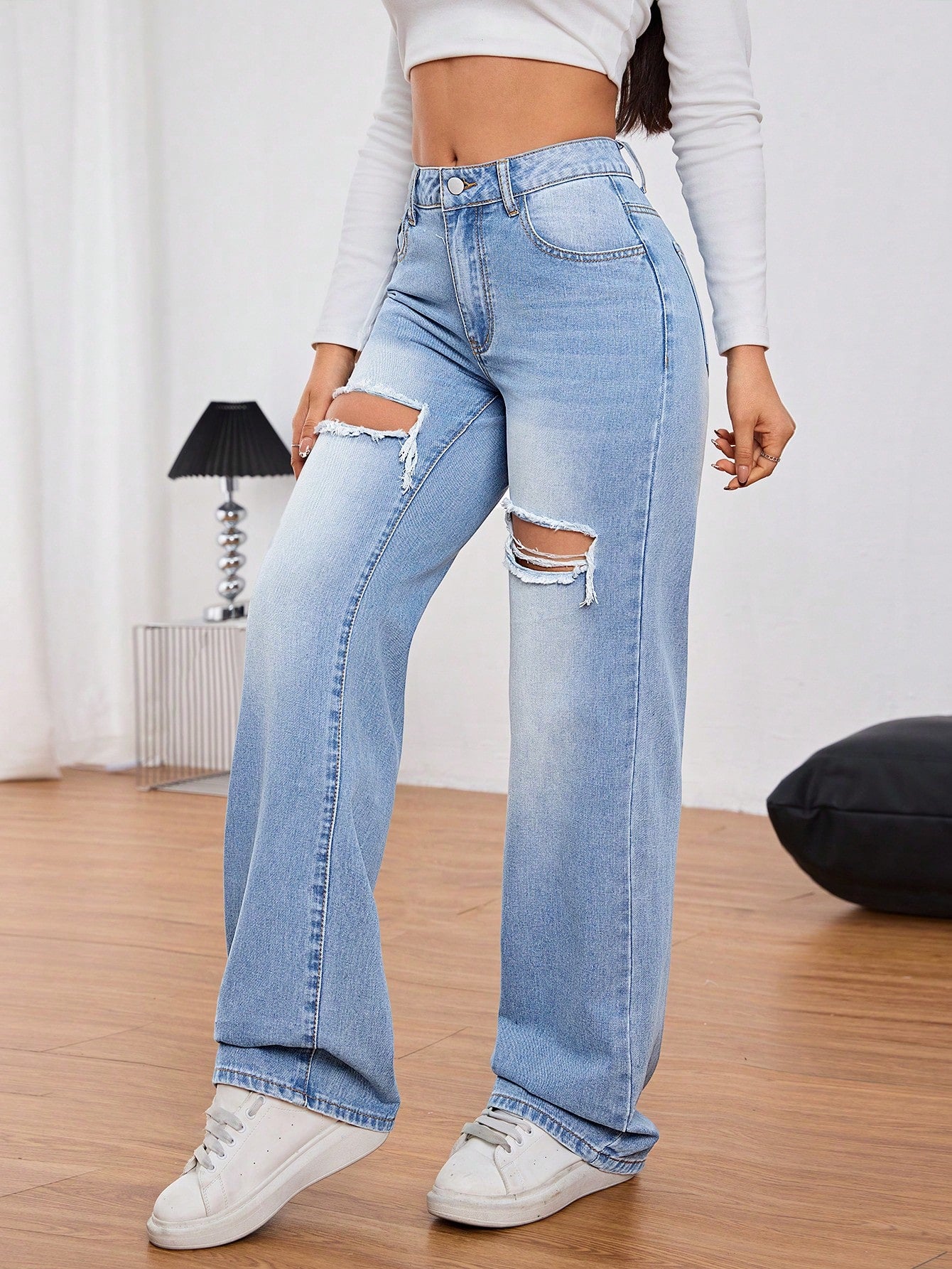 High-Waist Light Blue Distressed Wide-Leg Jeans for Women