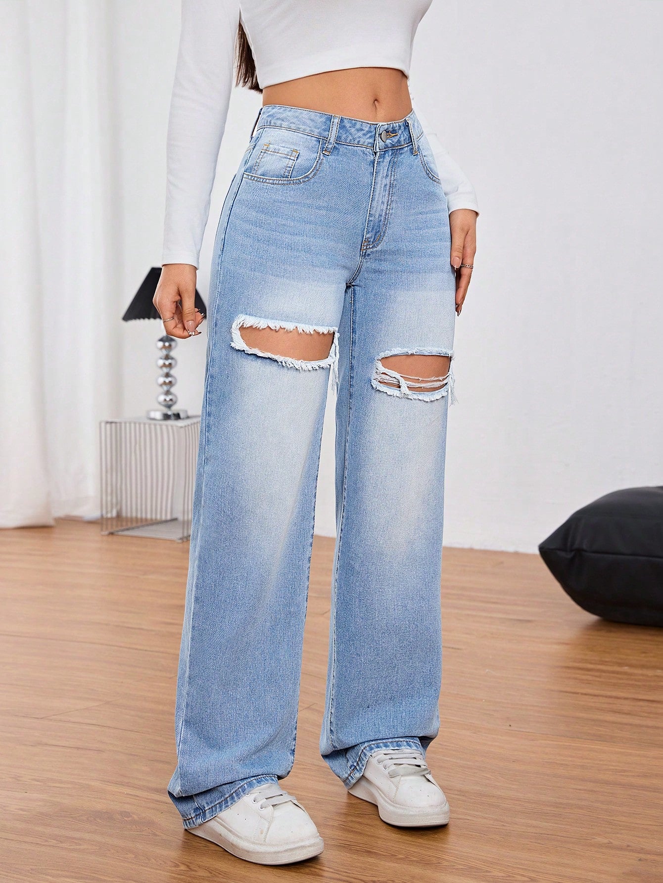 High-Waist Light Blue Distressed Wide-Leg Jeans for Women