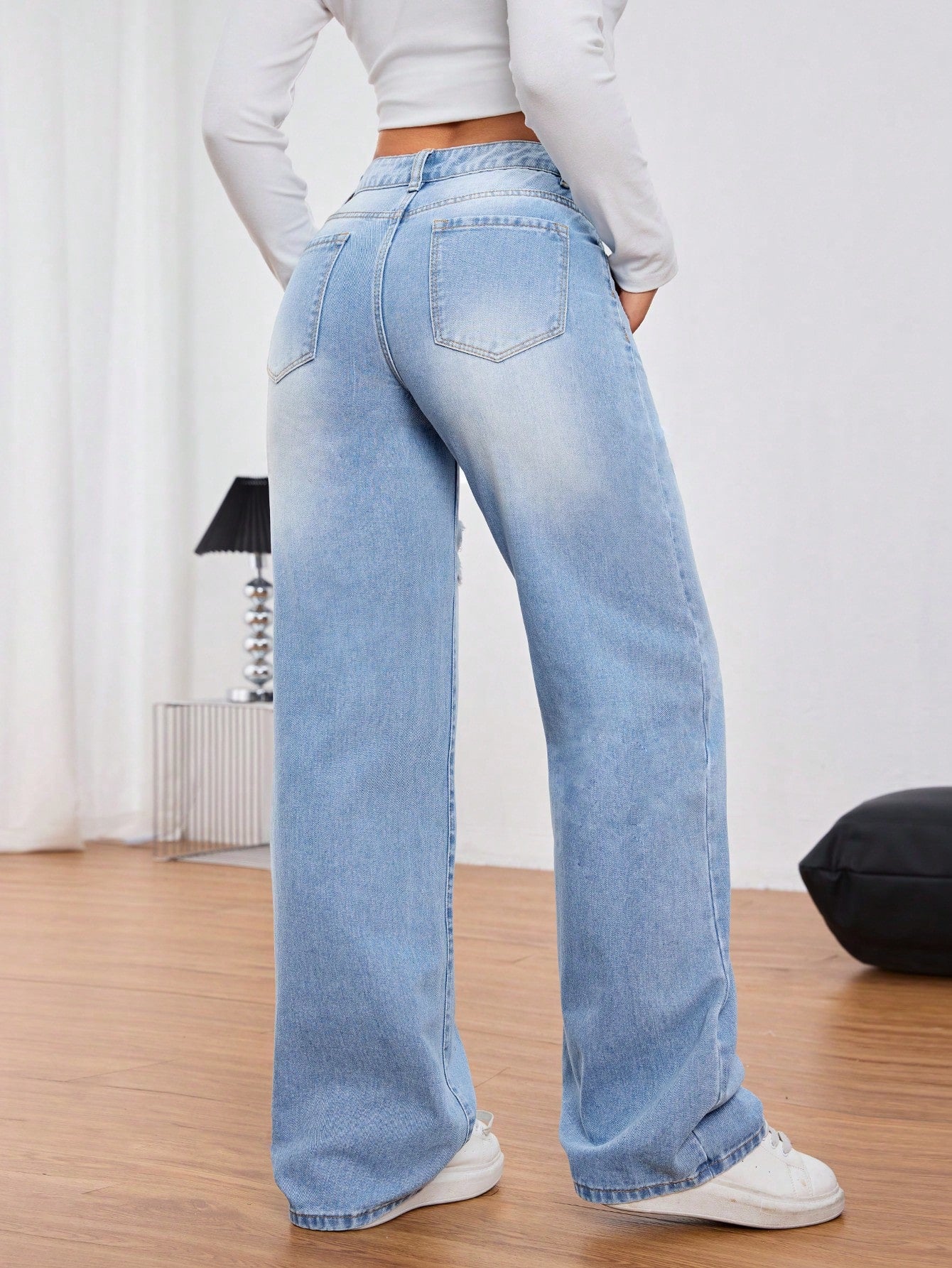 High-Waist Light Blue Distressed Wide-Leg Jeans for Women