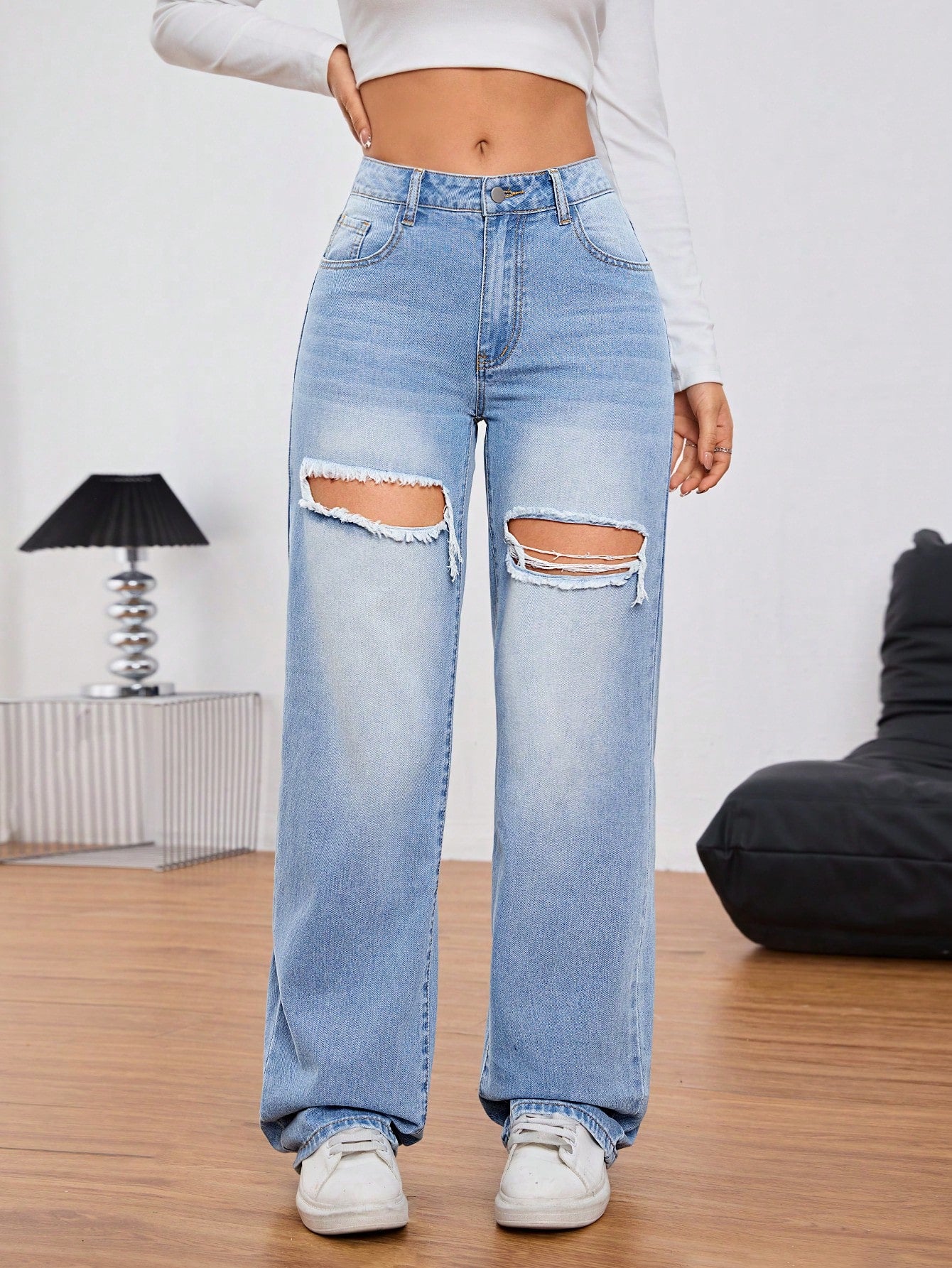 High-Waist Light Blue Distressed Wide-Leg Jeans for Women