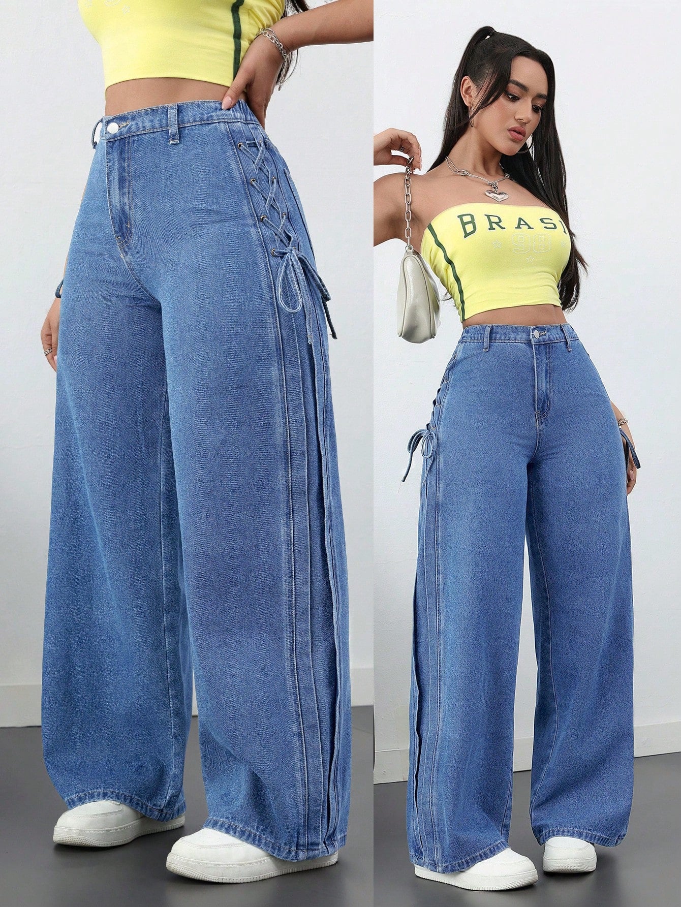 High-Waist Blue Wide-Leg Jeans with Side Tie Bow Detailing for Women