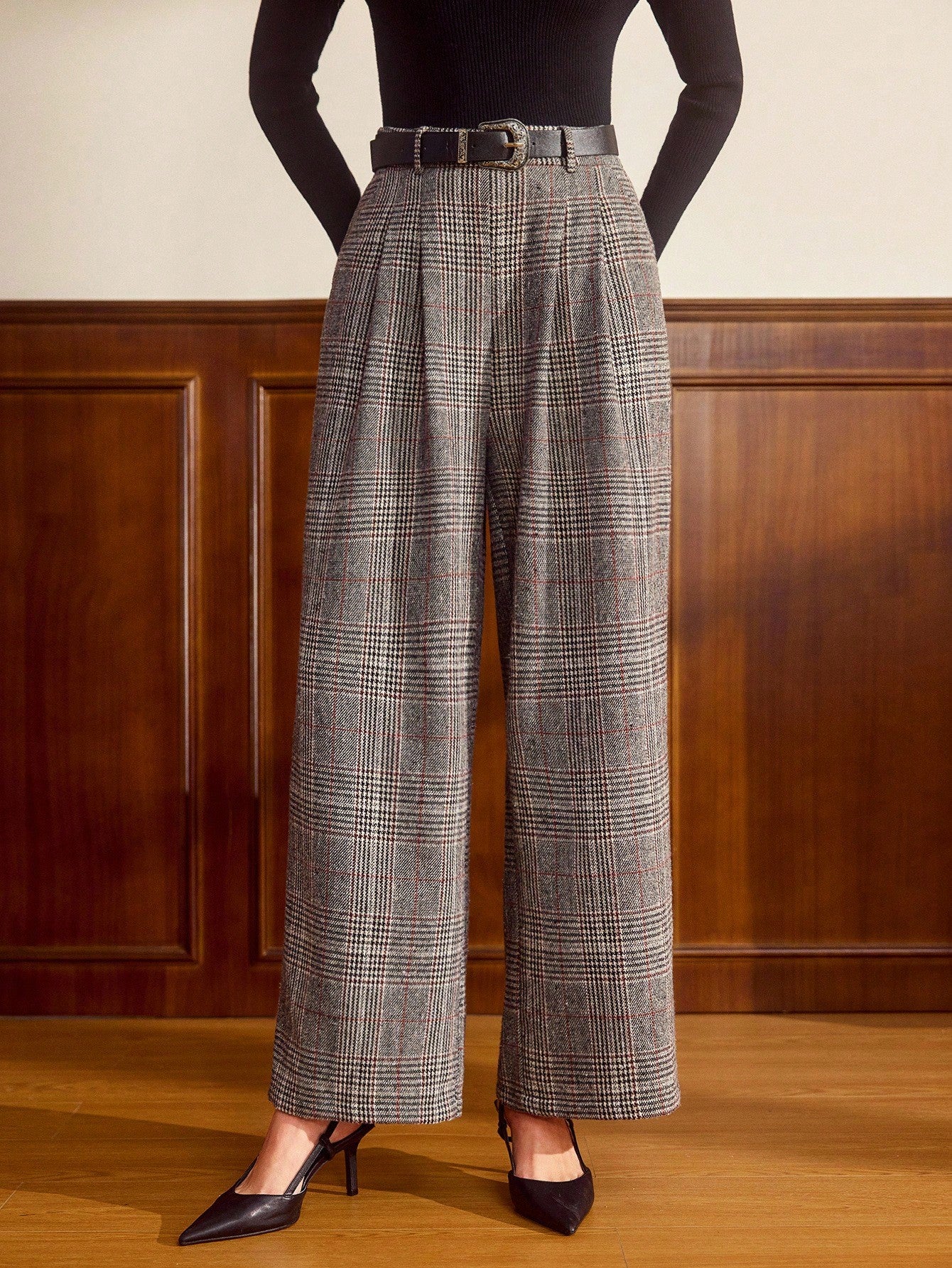 Vintage Grey Glen Check High-Waist Pleated Wide-Leg Trousers – Classic Old Money Winter Edit