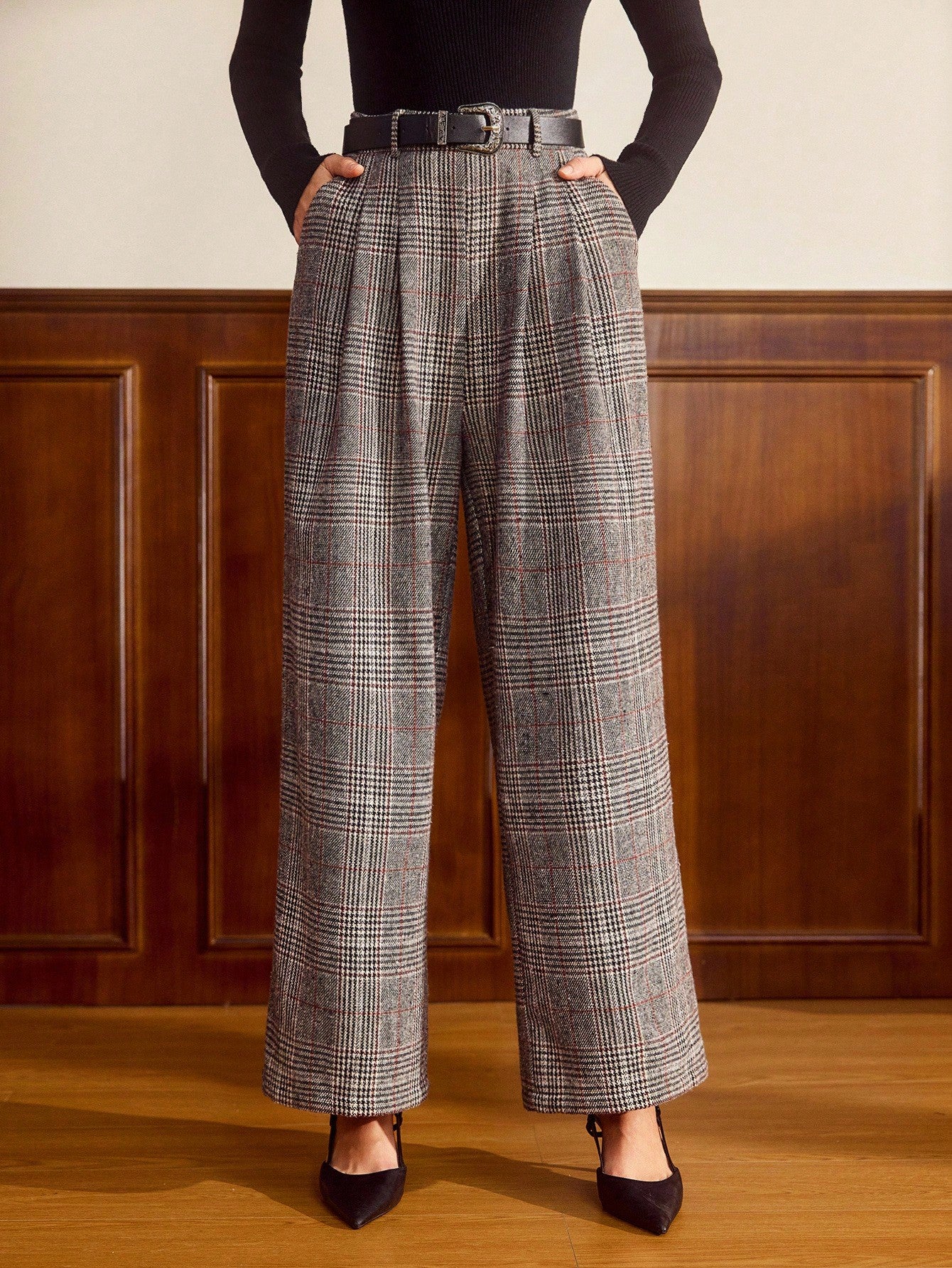 Vintage Grey Glen Check High-Waist Pleated Wide-Leg Trousers – Classic Old Money Winter Edit