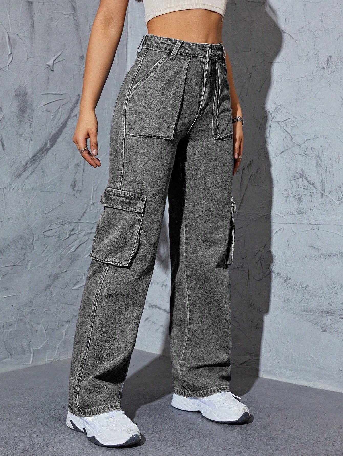 High-Waist Grey Cargo Straight-Leg Denim Jeans for Women