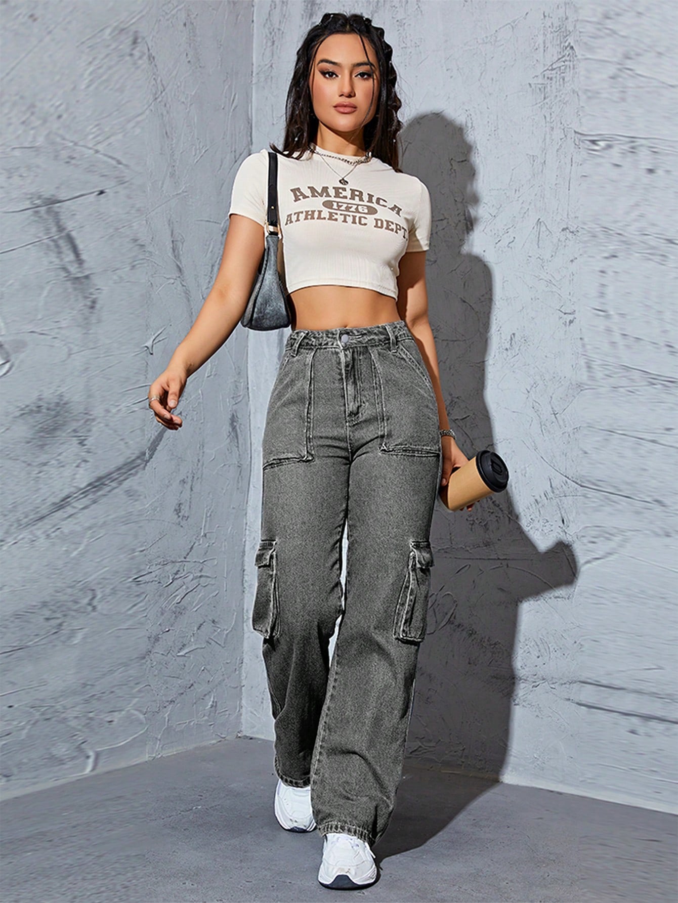 High-Waist Grey Cargo Straight-Leg Denim Jeans for Women