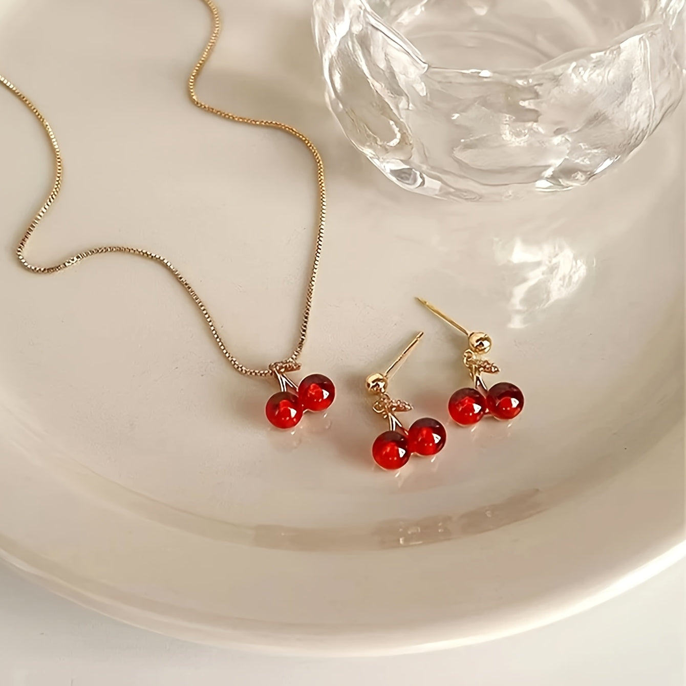 Cherry Charm Necklace Set – Red Stone Necklace & Earrings Set